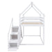 Giga twin over twin bunk bed with house loft design, slide, and staircase, featuring a cozy sleeping area and play space.