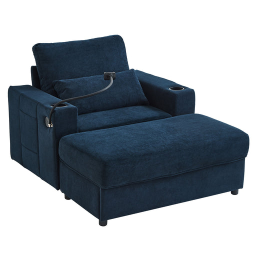 Giga modern armchair chaise lounge sofa with storage ottoman, USB ports, cup holders, phone holder, and side pockets.