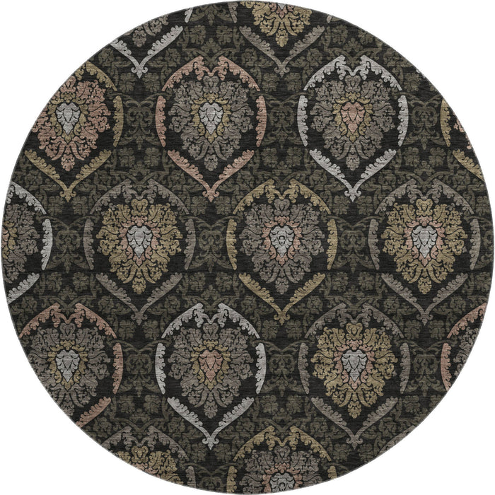 8' Medallion Washable Round Rug With UV Protection - Black / Gray