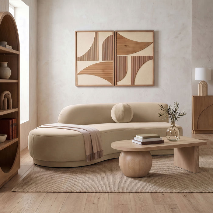 Meridian Furniture Avra 86-inch velvet upholstered stationary sofa with plush cushions and sleek design.