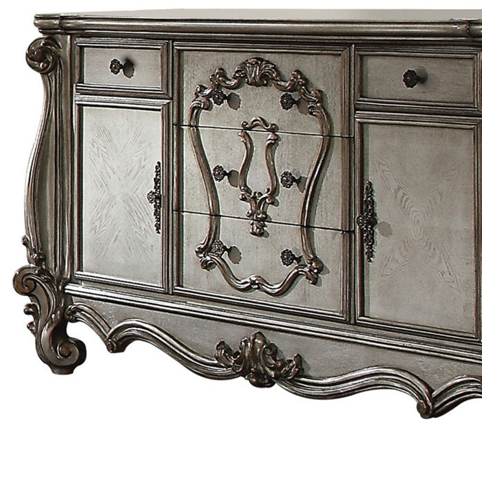 70" Carved Scrollwork Wood And Polyresin Five Drawer Triple Dresser - Platinum