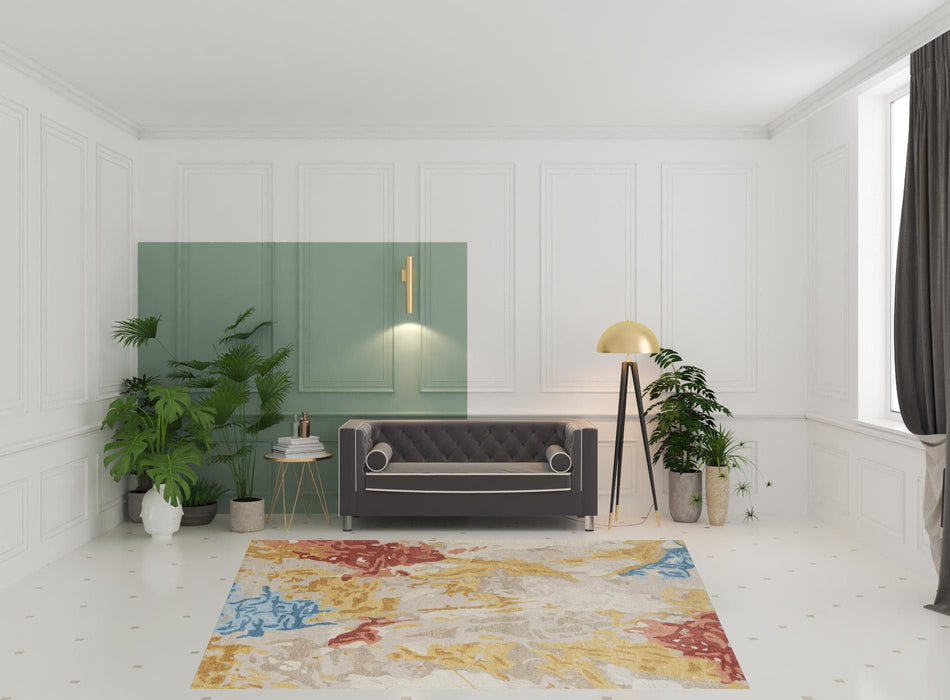 8' x 10' Wool Abstract Tufted Handmade Stain Resistant Area Rug - Ivory Yellow And Blue