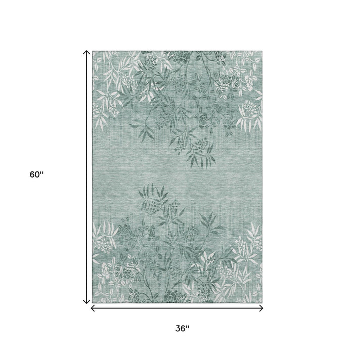 3' X 5' Floral Washable Area Rug With UV Protection (655669) - Sage / Ivory