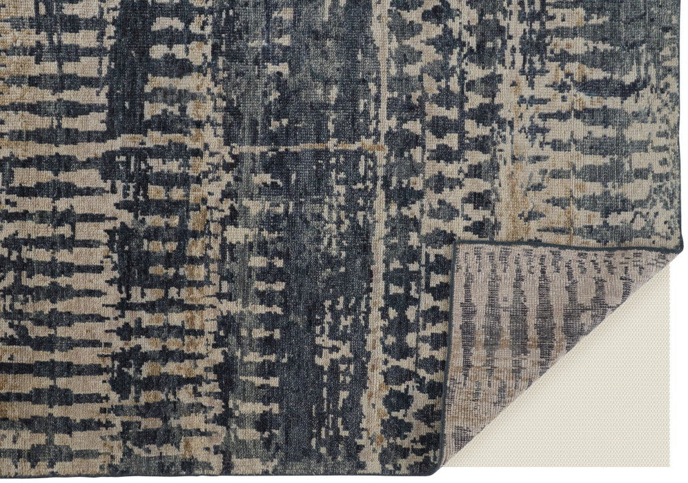 8' Wool Abstract Hand Knotted Runner Rug - Blue Gray And Tan