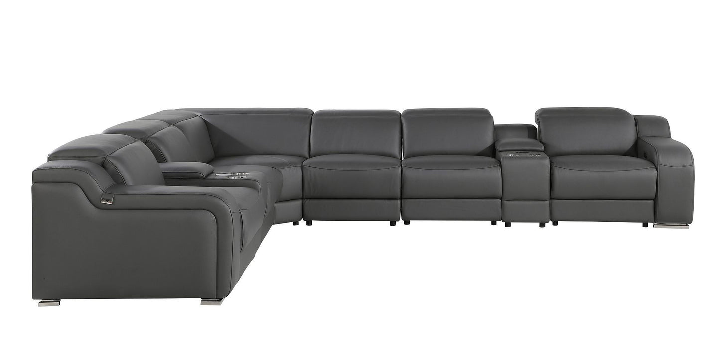 Italian Leather Power Reclining Curved 8 Piece Corner Sectional With Console - Gray