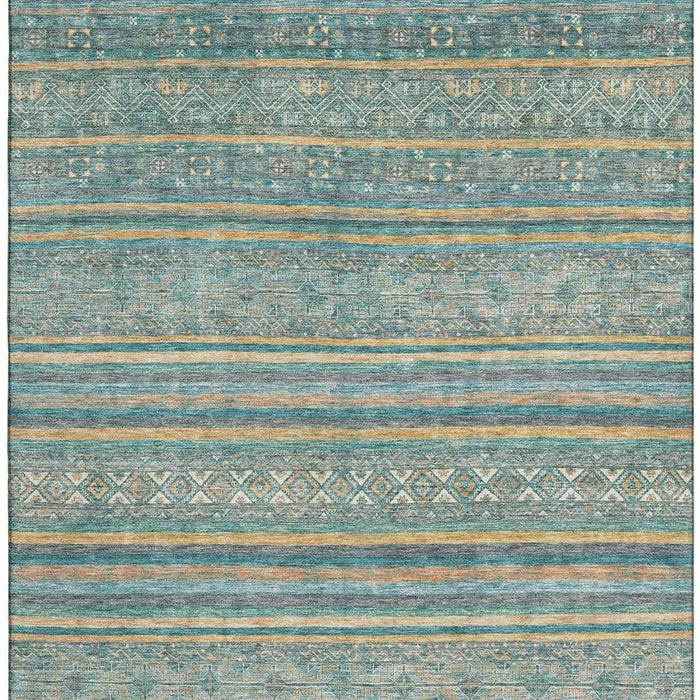 10' X 14' Striped Washable Area Rug With UV Protection (695822) - Teal / Gold / Blue