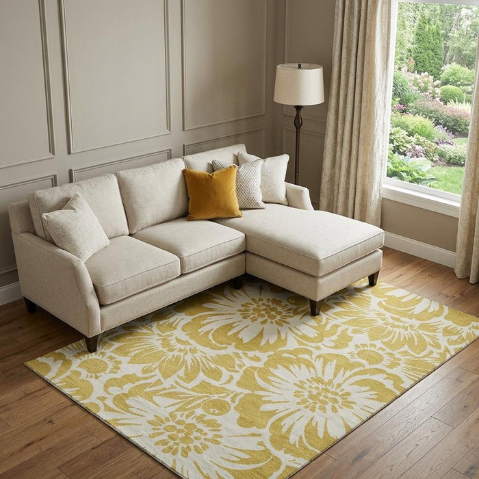 9' X 12' Floral Washable Area Rug With UV Protection (648645) - Gold / Ivory