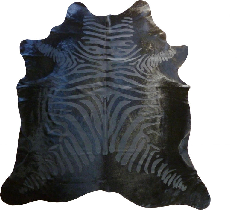6' Etched Zebra Stenciled Cowhide Rug - Black