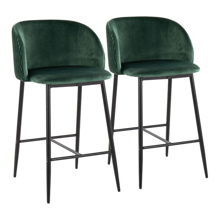 Luna - Pleated Waves Fixed-Height Counter Stool (Set of 2) - Black Metal And Velvet