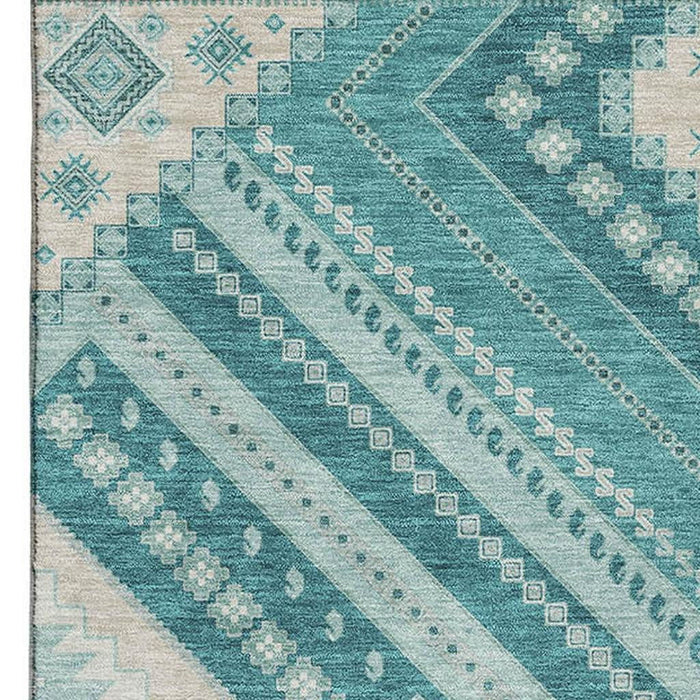 10' X 14' Tribal Washable Area Rug With UV Protection (679318) - Teal / Beige / Aqua