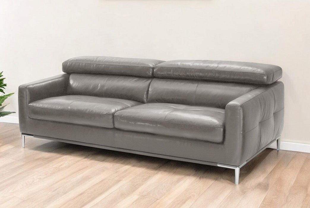Leather Sofa With Silver Legs - Dark Gray