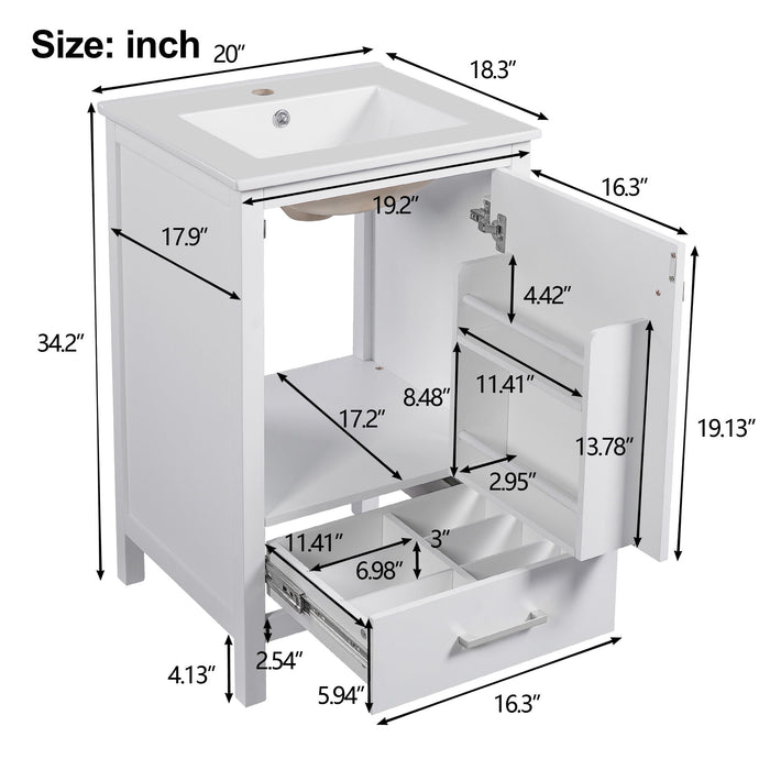 Giga bathroom vanity with ceramic sink, soft-close drawers, door organizer, divider drawer, and adjustable foot pads.