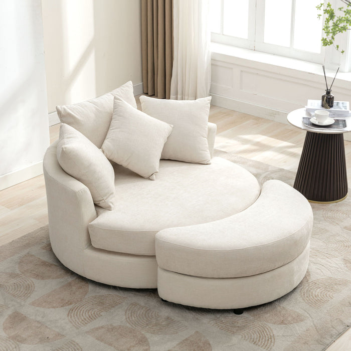 Giga 360° swivel accent barrel chair with matching storage ottoman, four pillows, and modern design for living room comfort.