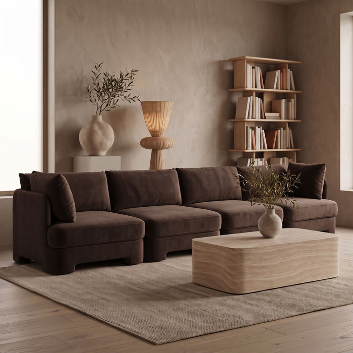 Meridian Furniture Hammond velvet performance fabric 4-piece sectional sofa with upholstered stationary design, stylish and comfortable.
