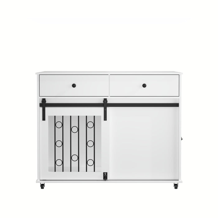 White Giga dog crate furniture with double drawers and sliding barn door, suited for small to medium dogs, stylish pet kennel.