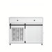 White Giga dog crate furniture with double drawers and sliding barn door, suited for small to medium dogs, stylish pet kennel.