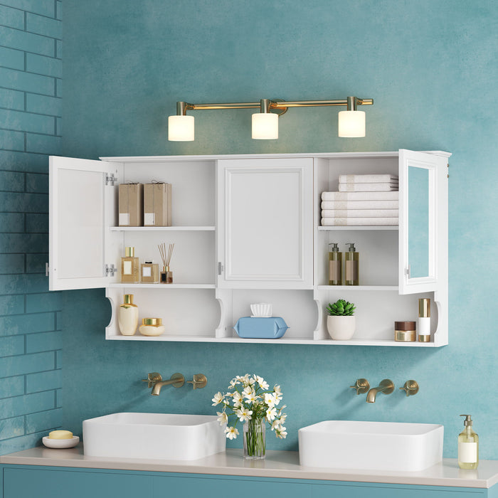 White Giga wall-mounted medicine cabinet with adjustable shelf, open shelves, and mirror for bathroom storage over toilet.