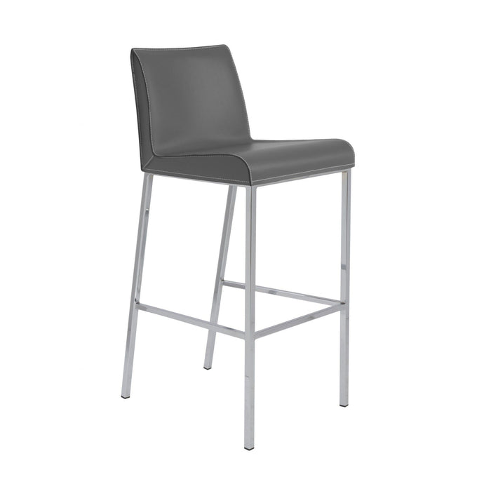 Set of two gray and silver 31-inch steel low back bar height chairs by HomeRoots, featuring modern design and sturdy construction.