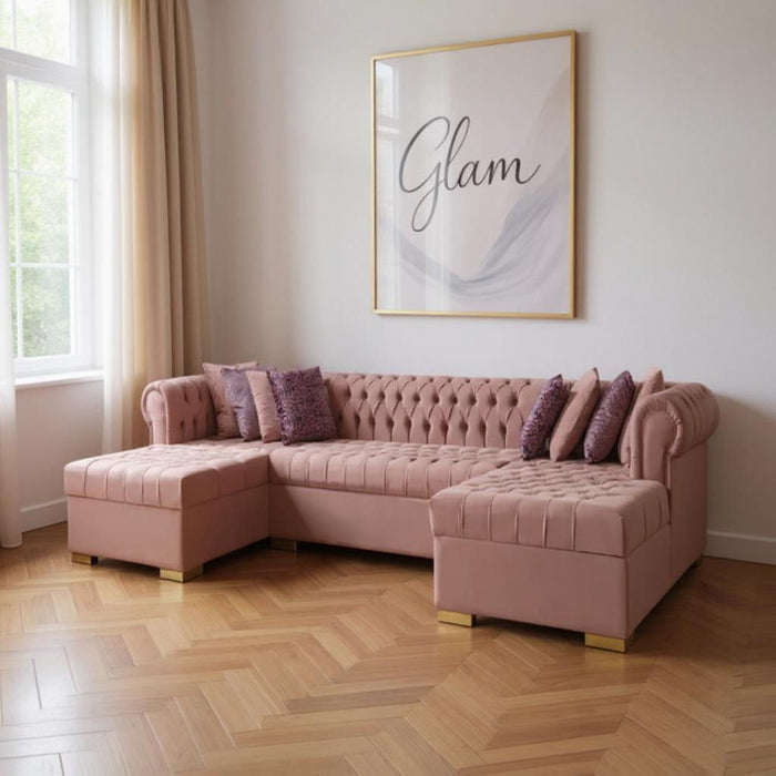 Velvet U Shaped Three Piece Sofa Chaise Sectional With Toss Pillows - Pink