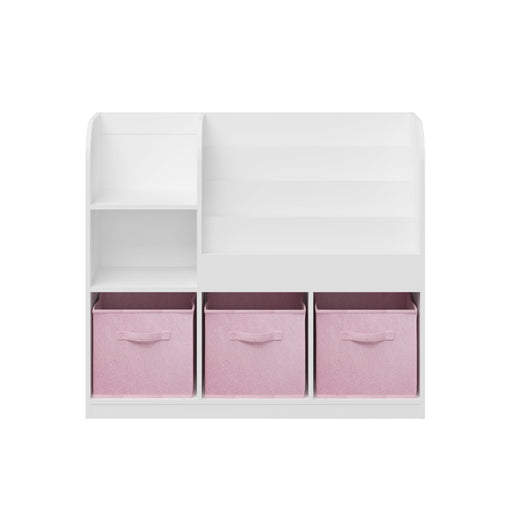 Giga bookcase and bookshelf with three collapsible drawers, multifunctional display stand, wooden shelves and storage compartments.