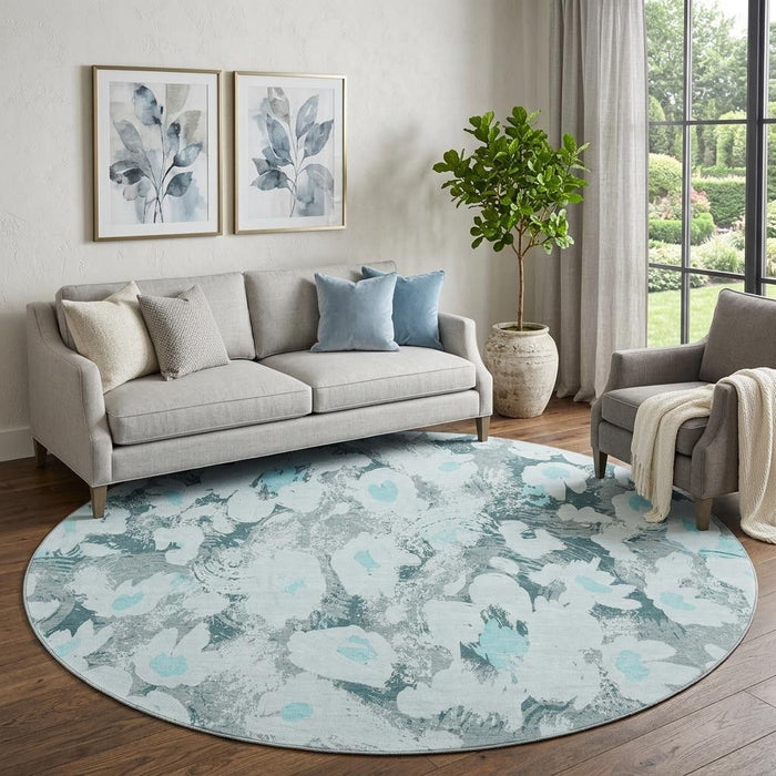 8' Floral Washable Round Rug With UV Protection (648175) - Teal / Gray / Ivory