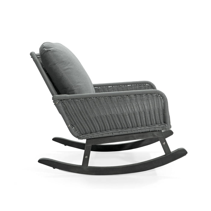 Modern 3 Piece Outdoor Seating Set With Cushioned Rattan Rocking Chairs And Wooden Accent Table