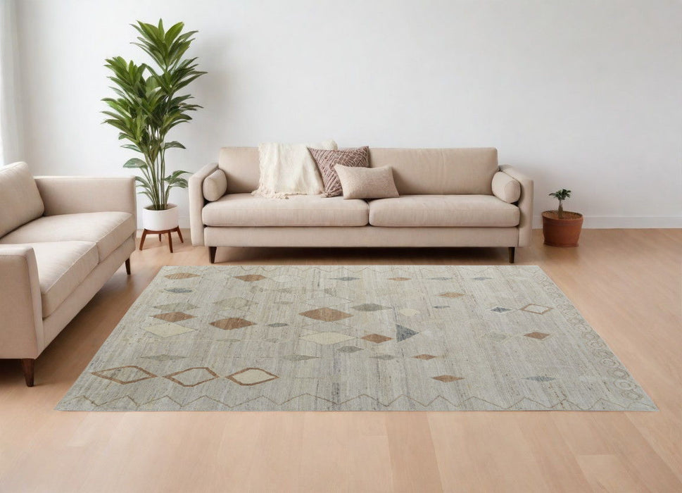 8' x 12' Wool Moroccan Hand Knotted Area Rug - Tan Brown And Gray