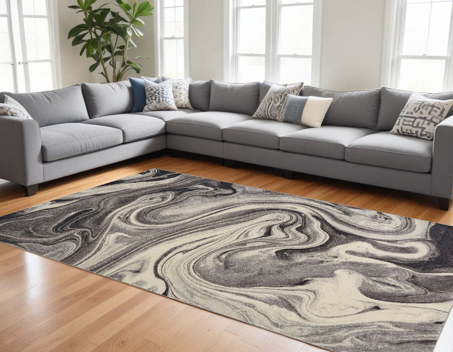 8' x 10' Abstract Shag Area Rug - Ivory Black And Gray