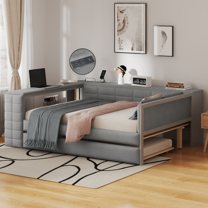 Giga upholstered platform bed with storage shelves, desk, charging station, and trundle for versatile bedroom organization.
