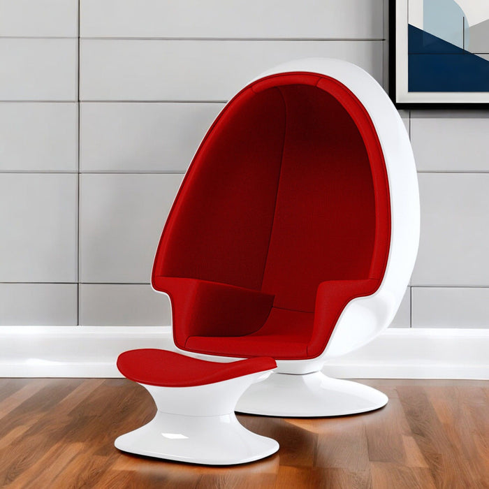 Red and white fiberglass and wool swivel egg chair with matching ottoman, featuring a modern stationary design by HomeRoots.