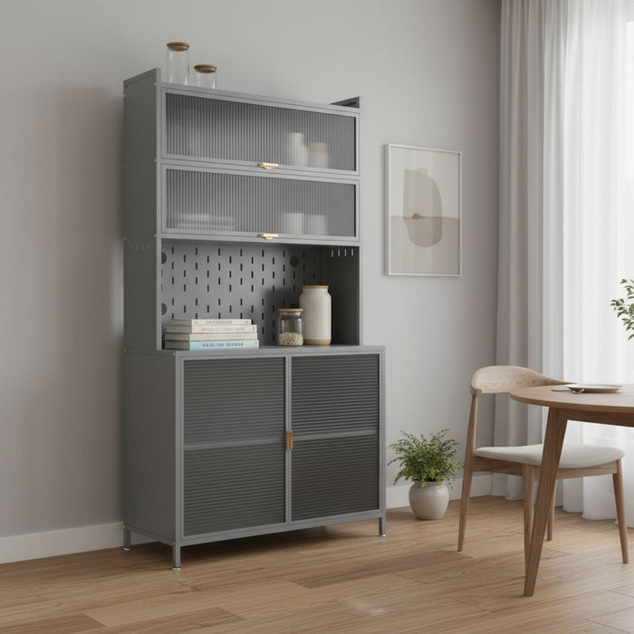 73" Stainless Steel Textured Door Dining Hutch With Two Doors - Gray