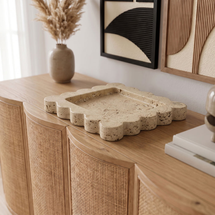 Meridian Furniture Natalie travertine tray with gold handles, rectangular serving tray with elegant natural stone finish.