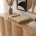 Meridian Furniture Natalie travertine tray with gold handles, rectangular serving tray with elegant natural stone finish.