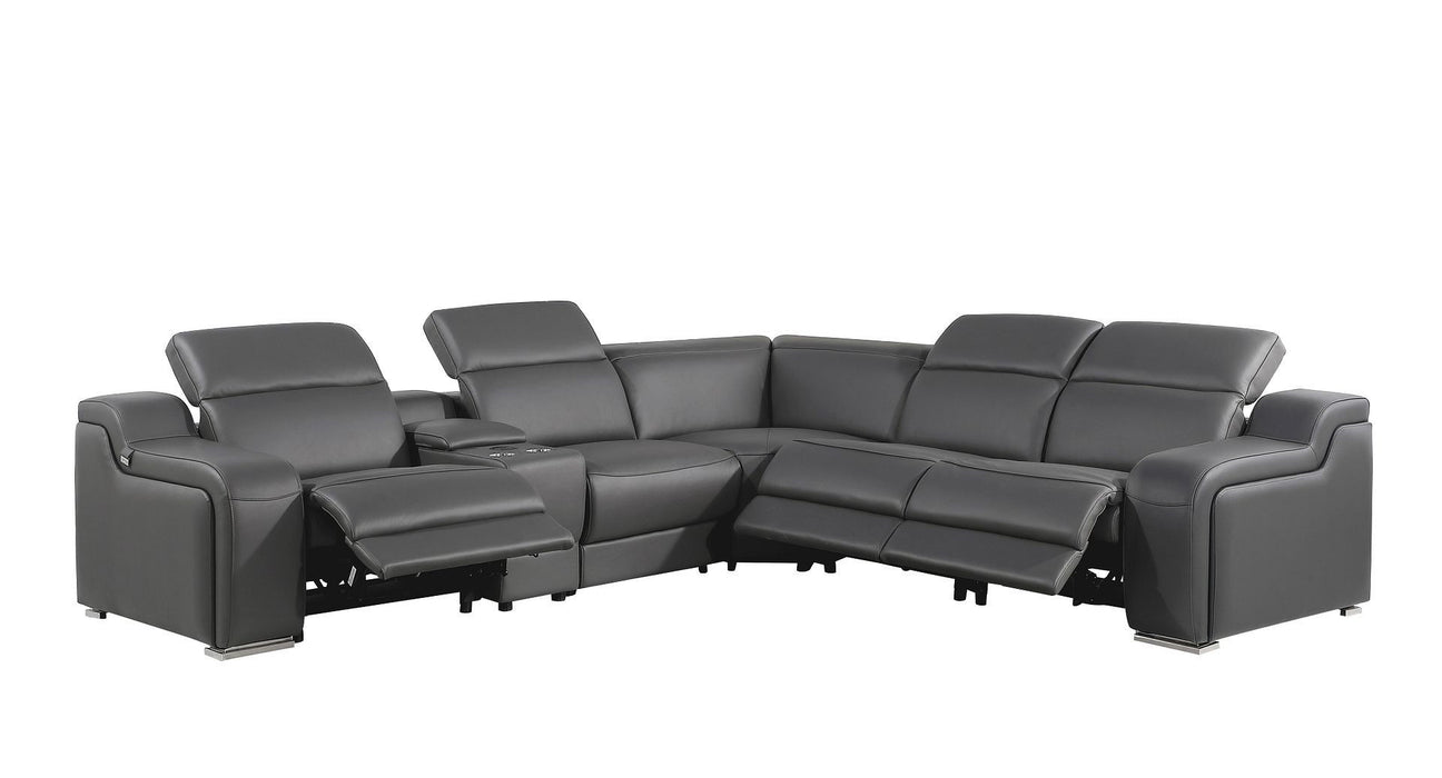 Italian Leather Power Reclining L Shaped Six Piece Corner Sectional With Console - Dark Gray