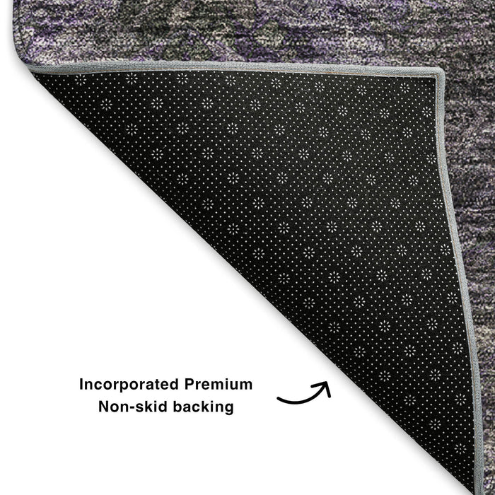 8' Abstract Washable Round Rug With UV Protection (650521) - Purple / Gray / Ivory