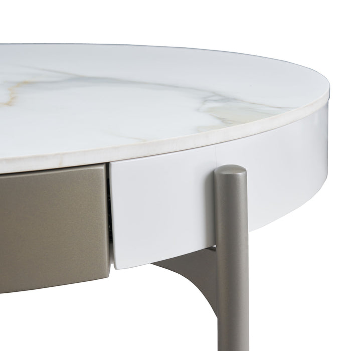 Modern round Giga coffee table with storage drawers, handcrafted ceramic inlay, two-tone wood legs, ideal for Scandinavian living rooms.