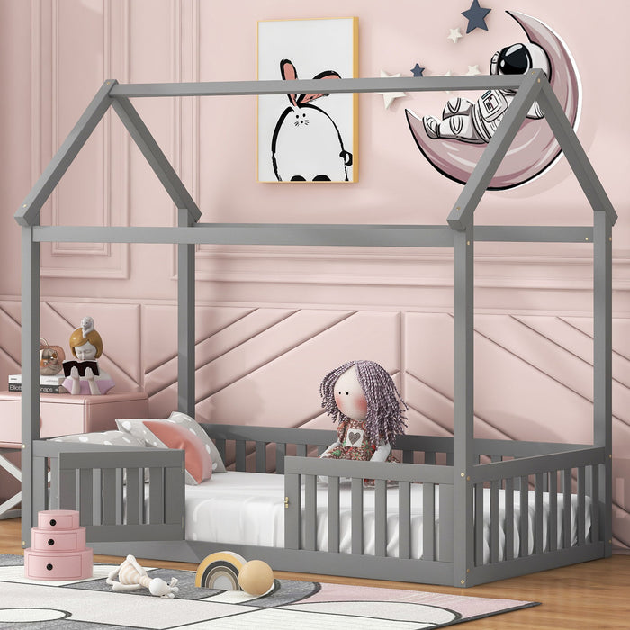 Giga wood house platform bed with fence and door for kids, featuring a cozy wooden design and playful house-shaped frame.