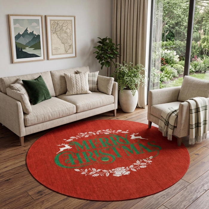 8' Christmas Washable Round Rug With UV Protection (646436) - Ruby Red / Green / Ivory