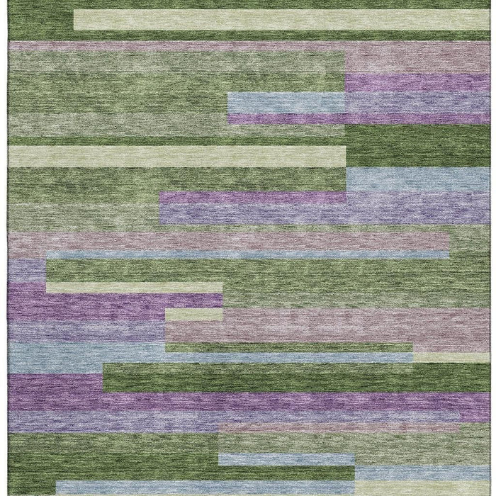 10' X 14' Striped Washable Area Rug With UV Protection (675768) - Artichoke Green / Purple / Blue