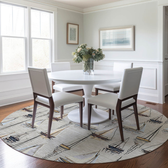 8' Nautical Washable Round Rug With UV Protection - Ivory And Black