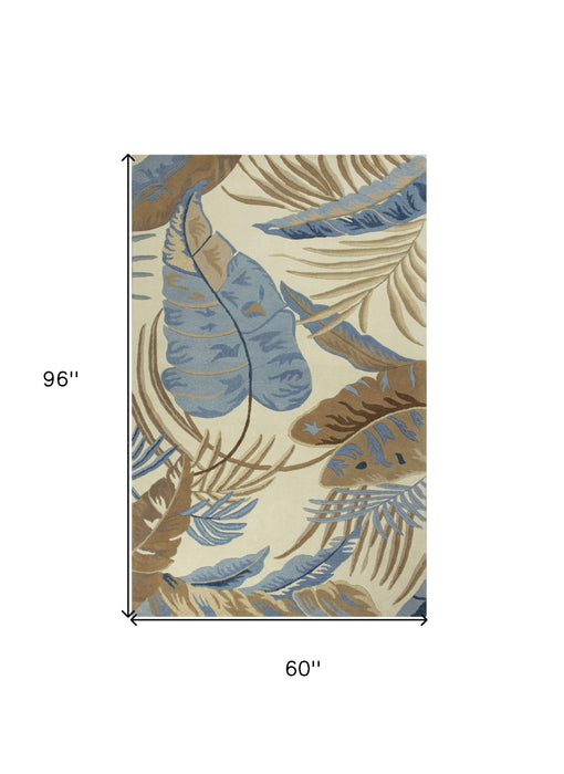 5' x 8' Wool Tropical Botanical Hand Tufted Area Rug - Ivory And Blue