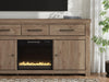 Signature Design by Ashley Garistyn TV stand with built-in fireplace option, featuring wood finish and open shelving.