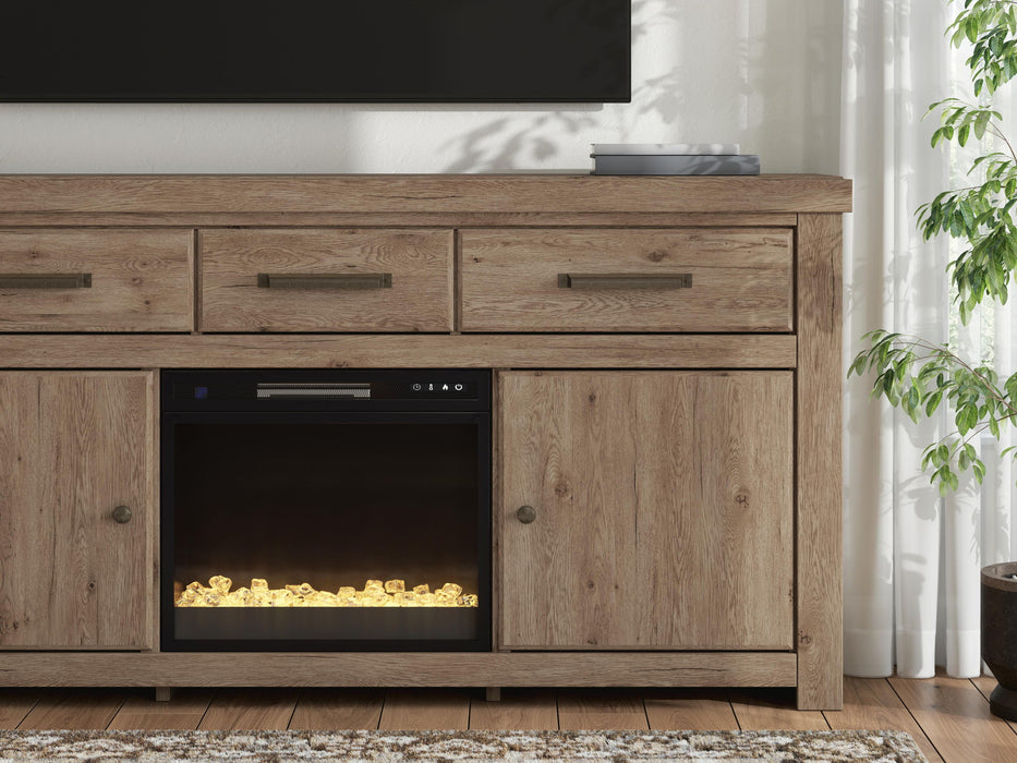 Signature Design by Ashley Garistyn TV stand with built-in fireplace option, featuring wood finish and open shelving.