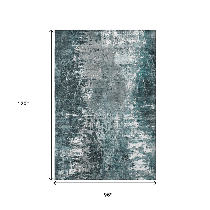 8' X 10' Abstract Washable Area Rug With UV Protection (657525) - Teal / Ivory