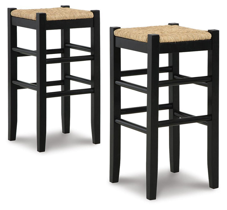 Set of two Ashley Furniture Mirimyn tall stools with wooden legs and upholstered seats, ideal for kitchen or bar areas.