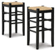 Set of two Ashley Furniture Mirimyn tall stools with wooden legs and upholstered seats, ideal for kitchen or bar areas.