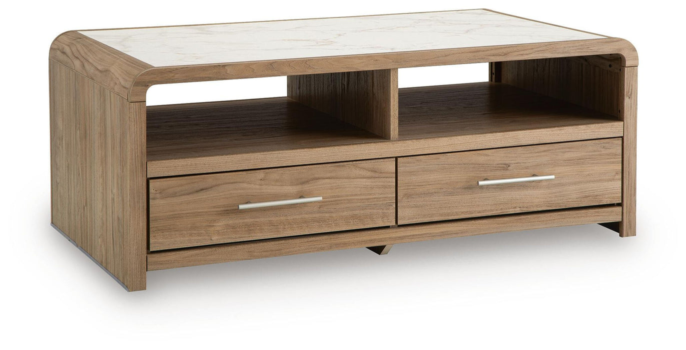 Rectangular cocktail table from Signature Design by Ashley, featuring a modern wood finish and sturdy legs.