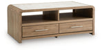 Rectangular cocktail table from Signature Design by Ashley, featuring a modern wood finish and sturdy legs.