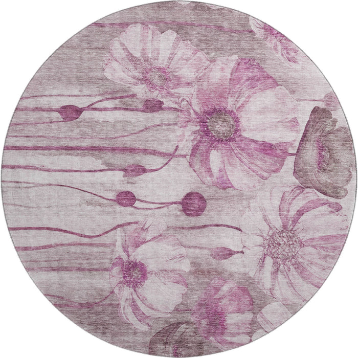 8' Floral Washable Round Rug With UV Protection (657308) - Plum / Ivory
