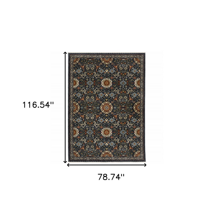 7' x 10' Oriental Power Loom Area Rug With Fringe - Ivory And Blue